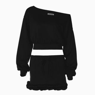 Long sleeve off shoulder self tie ruffle crop mini skirt set