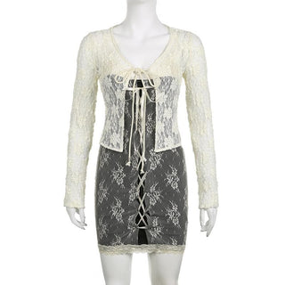 Lace contrast lace up v neck backless 2 piece cami dress