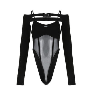 Buckle mesh off shoulder long sleeve solid shrug 2 piece bodysuit