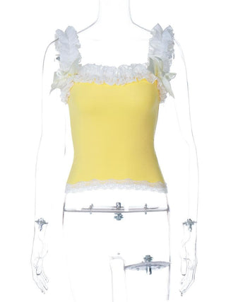 Square neck bowknot lace hem ruched cami top