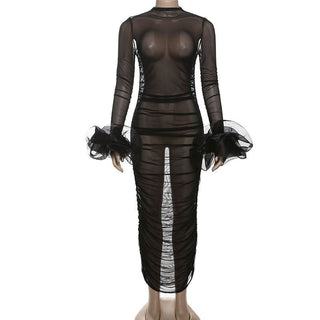 Long sleeve mesh see through ruched maxi dress