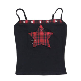 Square neck hollow out star print plaid cami cut out top