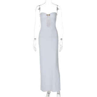 Sweetheart neck shell metal tag button hollow out tube cut out maxi dress