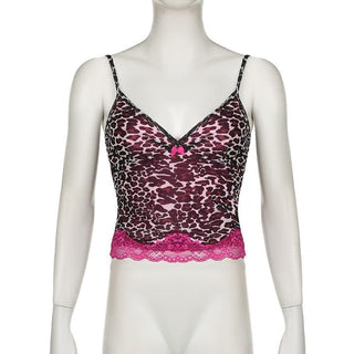Leopard print mesh bowknot lace hem cami top