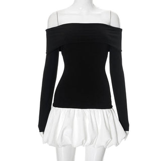 Ruched long sleeve off shoulder contrast mini dress