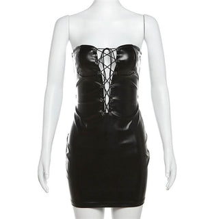 PU leather lace up backless mini dress