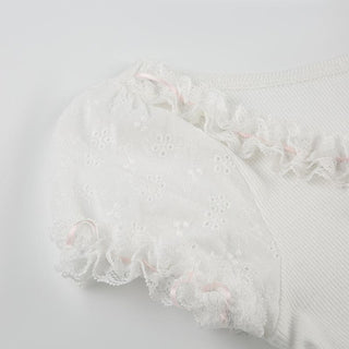 Short puff sleeve bowknot ruffle ribbed top