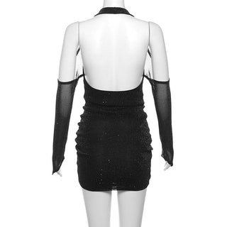 Long sleeve off shoulder halter cowl neck glitter mesh mini dress