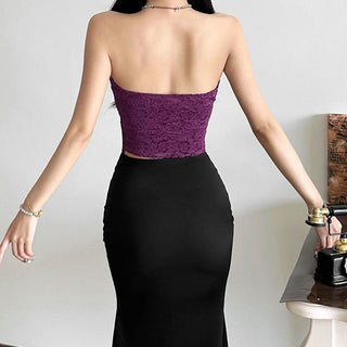 Lace hem slit backless solid tube top