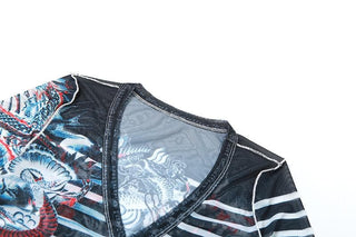 Long sleeve striped dragon print sheer mesh pant set