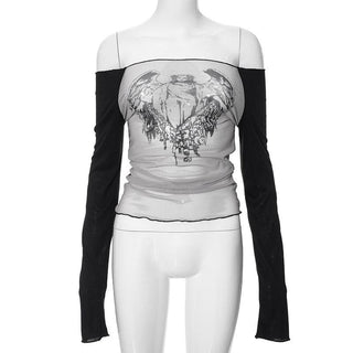 Long sleeve off shoulder ruched sheer mesh Jesus print top