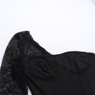 One shoulder long sleeve patchwork lace top