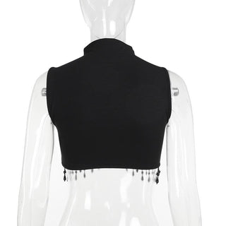 Sleeveless high neck moon pattern beaded crop top