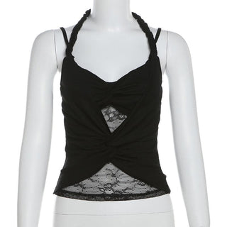 Halter ruched lace patchwork v neck cami top