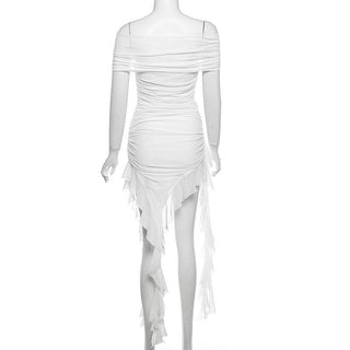 Off shoulder flower applique ruffle ruched mini dress