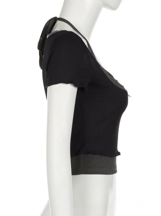 Short sleeve halter lace hem bowknot ribbed 2 piece top