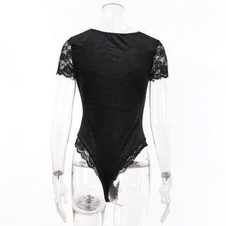 Short sleeve lace velvet patchwork bodysuit