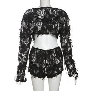 Long sleeve mesh ruffle crop short pant set