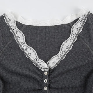 Long sleeve v neck lace hem button top