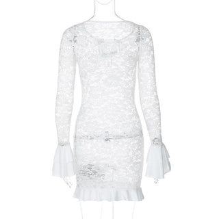 Long flared sleeve lace see through lace up mini dress