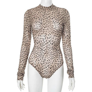 Long sleeve leopard print button sheer mesh bodysuit