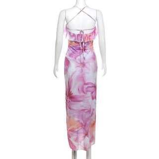 U neck print ruffle high slit cami midi dress