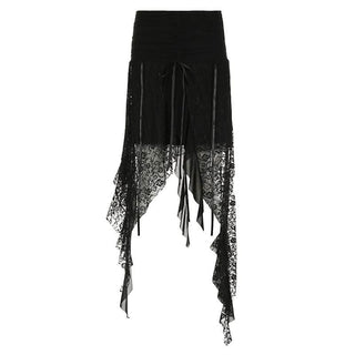 Irregular bowknot ribbon ruched lace solid midi skirt