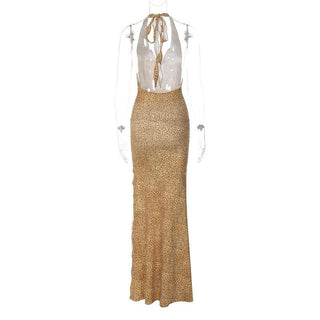 Halter cowl neck print high slit ruched maxi dress