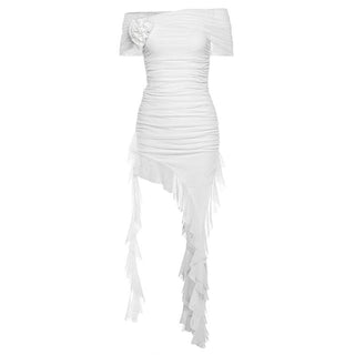 Off shoulder flower applique ruffle ruched mini dress