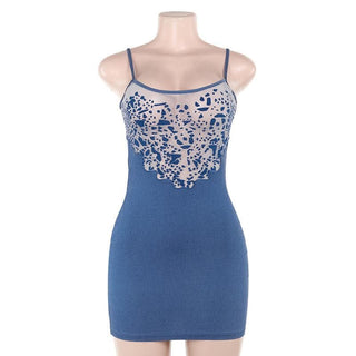U neck denim mesh patchwork print cami mini dress