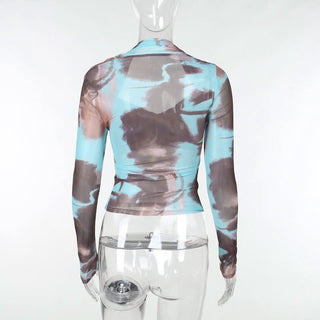 Long sleeve tie dye mesh top