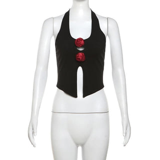 Halter u neck flower applique hollow out crop cut out top