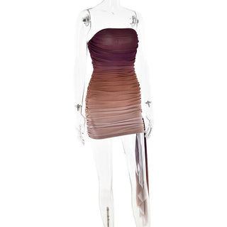 Ruched gradient mesh backless tube mini dress