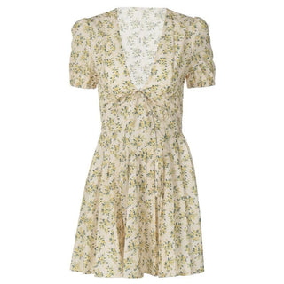Short puff sleeve pleated zip-up flower print mini dress