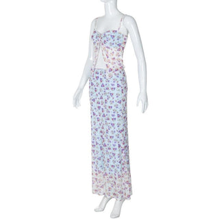 Print ruched high slit sweetheart neck mesh cami maxi skirt set