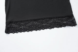 Long sleeve lace hem u neck solid mini dress