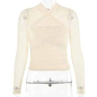 Cross front ruched mesh long sleeve solid top