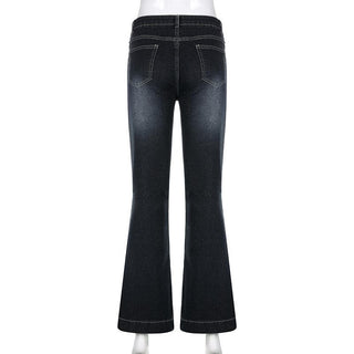 Low rise medium wash pocket button jeans