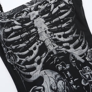 U neck skull print mesh backless cami maxi dress