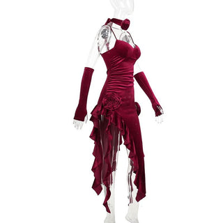 Irregular flower applique velvet v neck ruffle midi dress