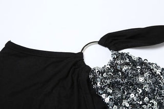 Irregular long sleeve gloves o ring glitter mini skirt set