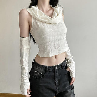 Textured off shoulder hoodie gloves cowl neck crop top