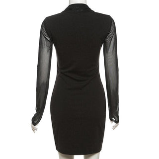 Long sleeve halter mesh patchwork solid mini dress
