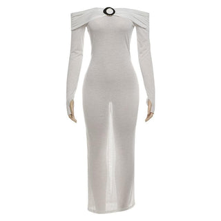 Off shoulder long sleeve metal applique midi dress