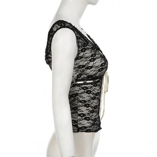 Cap sleeve v neck lace knotted backless top