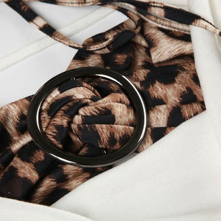 Long sleeve halter self tie leopard print cowl neck top