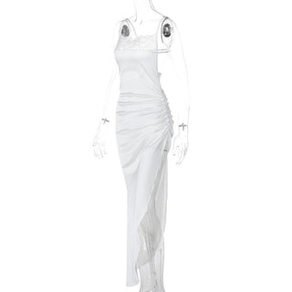 Lace satin patchwork irregular high slit ruched cami maxi dress