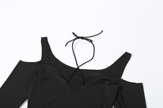 Hollow out long sleeve halter cross front self tie cut out maxi dress