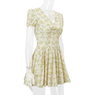 Short puff sleeve print pleated v neck mini dress