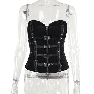 PU leather patchwork buckle zip-up tube top